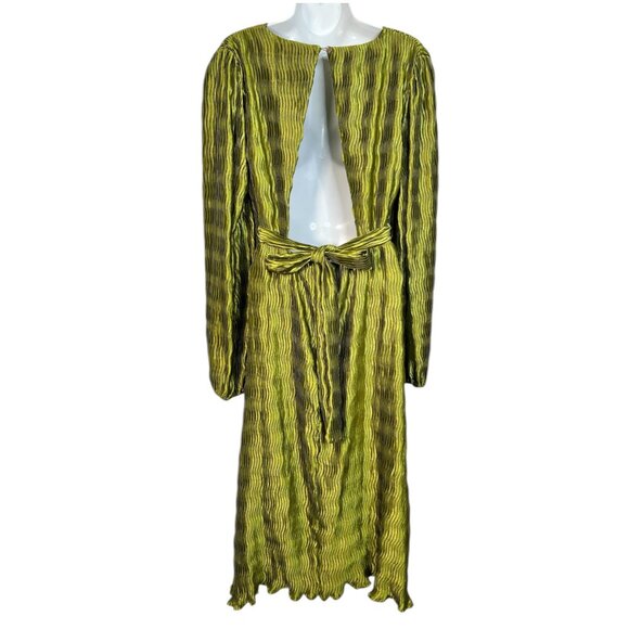 VICI Lorraine Satin Cutout Plisse Midi Dress Chartreuse Green Textured Medium - Picture 12 of 15